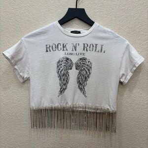 Long Live Rock & Roll Cropped Rhinestone Baby Tee Size Small